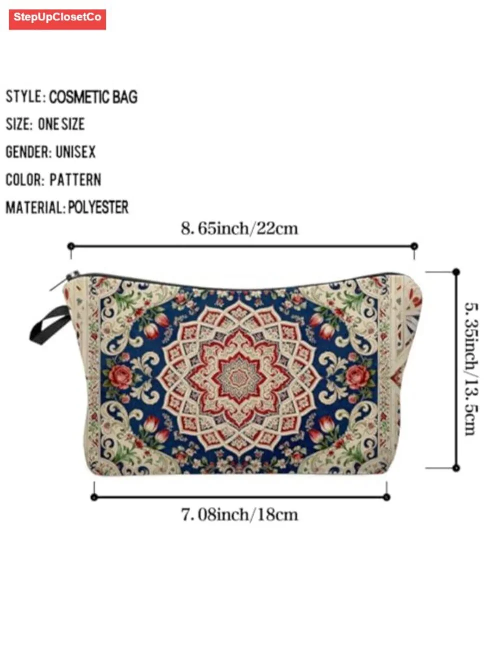 Vintage European Court Floral Polyester Cosmetic Bag with Zipper
